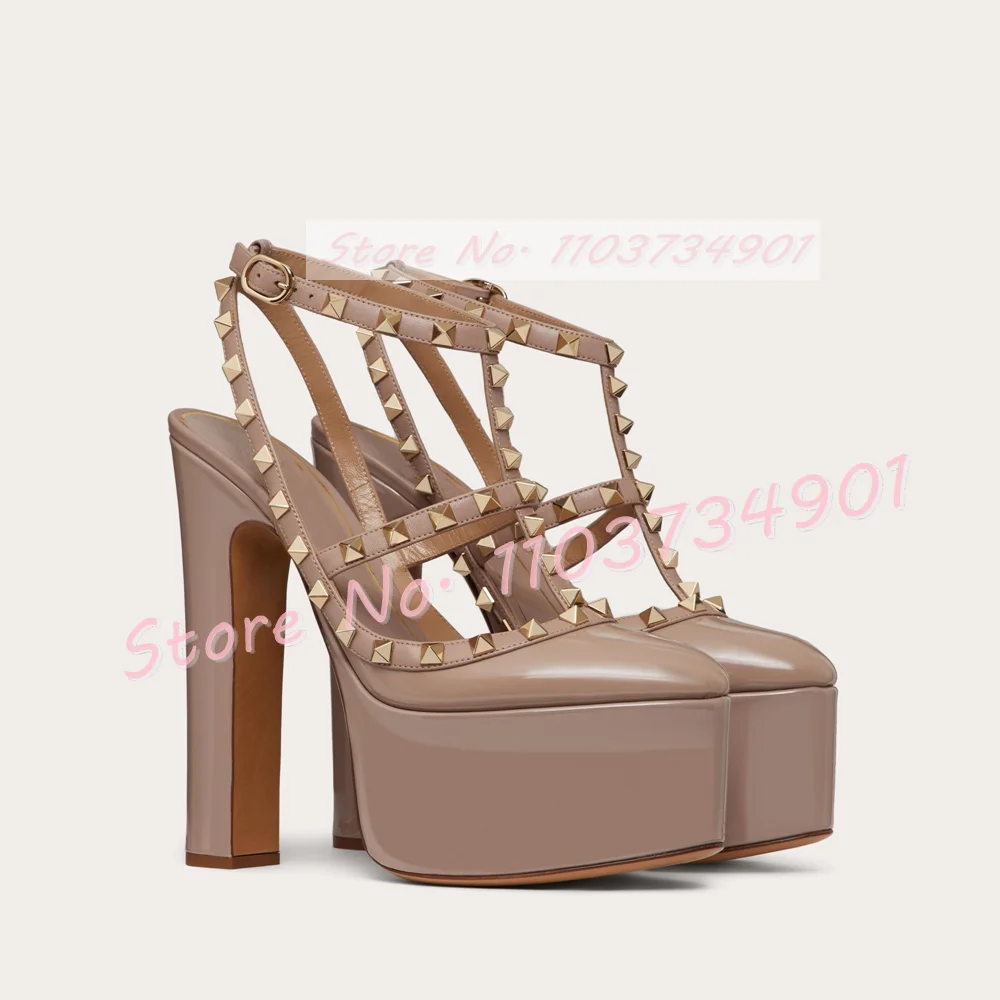 Metal Rivets Platform Sandals Women T Bar Pointed Toe Chunky Heels Shoes Lady Ankle Strap Elegant Sexy Nifty Bare Heels Sandals