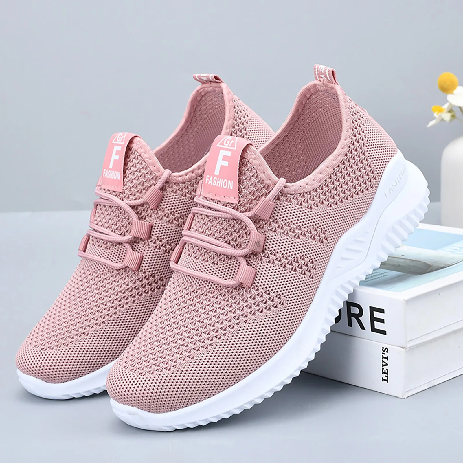 Women'S Pink Knit Lace-Up Sneakers - Breathable Comfortable Casual Sports Walking Shoes