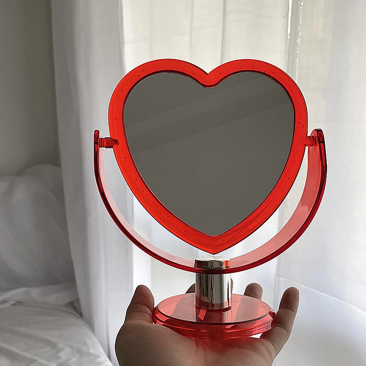 Makeup Mirror Loving Heart Red Acrylic Two-Sided Desktop Mirror Stable Base Adjustable Angle Home Store Decoration