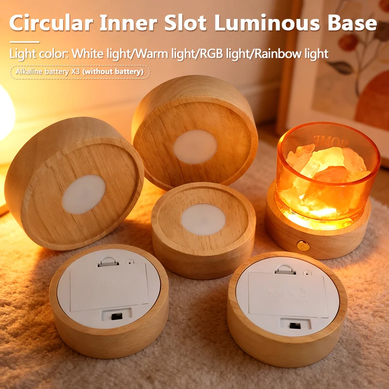 

8/10CM Round Inner Slot LED Luminous Base Dry Battery Box Style Fragrance Salt Crystal Wireless Lamp Base Wooden Night Light