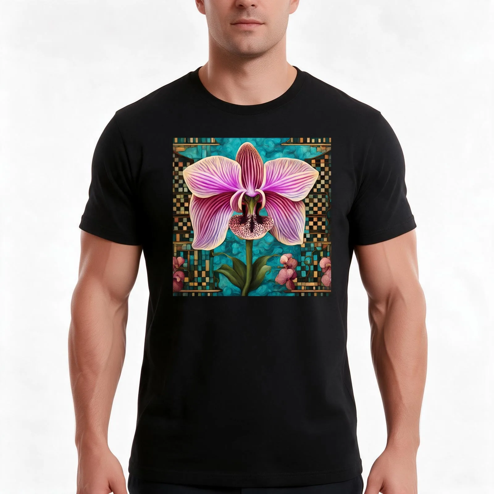 Beautiful orchid on a checkerboard background in turquoise and pink tones. T-Shirt, Summer Casual Cotton Tee, Unisex Men Women