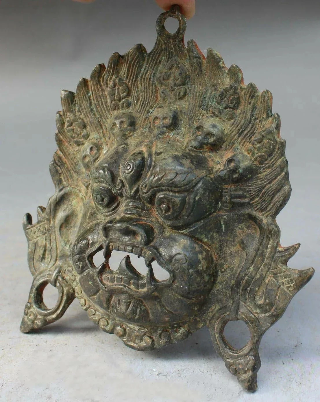 Chinese Tibetan Bronze Evil Spirits Mahakala Wrathful Deity Buddha Mask Statue