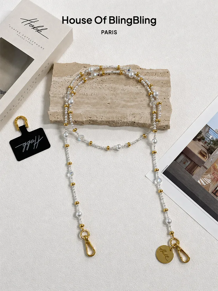 House Of BlingBling Crystal Pearl Beaded Phone Chain Strap Women Luxury Phone Charm Wrist Lanyard Bag Charm Fashion Accessories