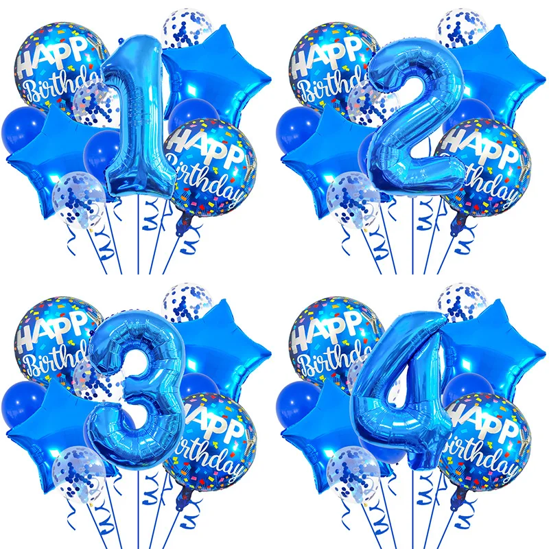 32-Inch blue digital aluminum film balloon set, first birthday party decoration atmosphere arrangement