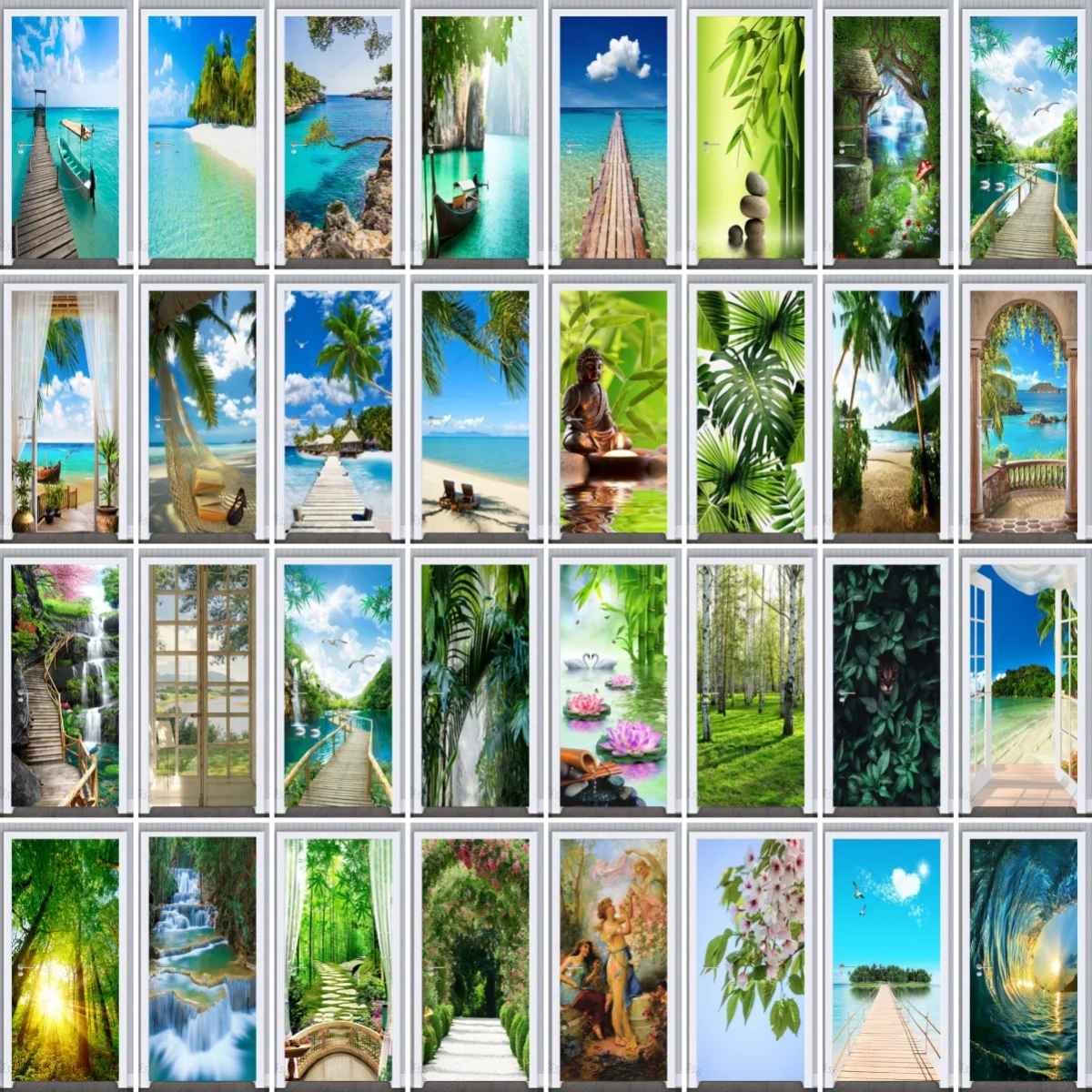 

Beach Door Sticker PVC 3D DIY Self-Adhesive Waterfall Sunshine Forest Wallpaper Living Room Art Poster Mural Lake Stickers Home