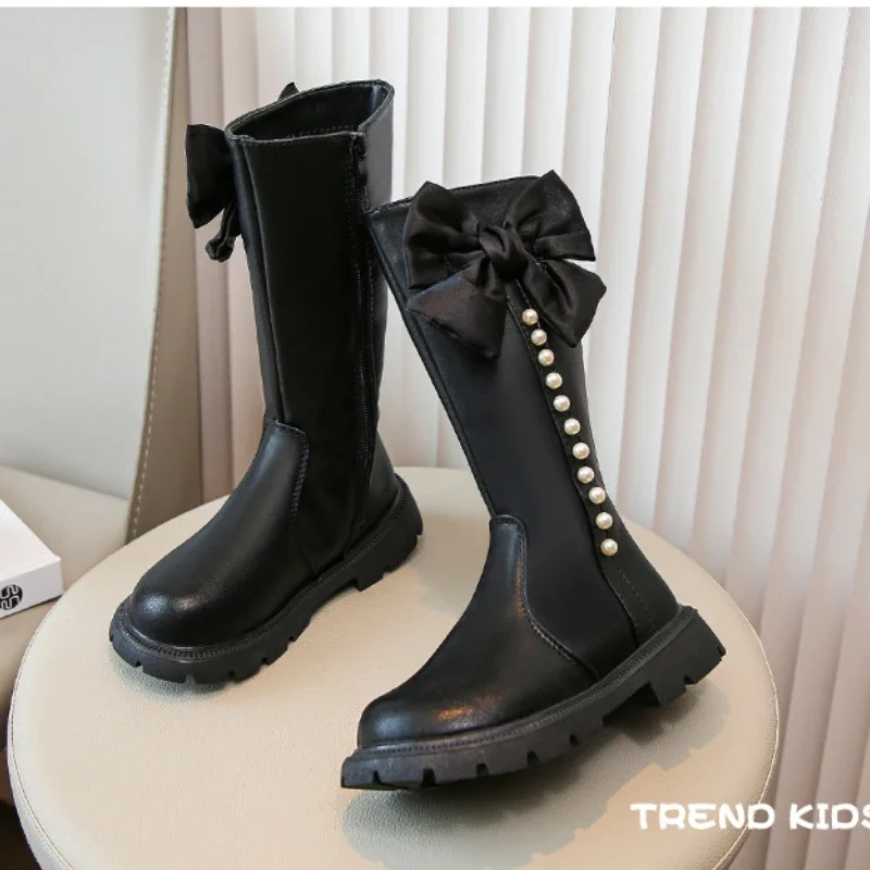 Zapatos de plataforma para Niña, botas de princesa con lazo, bota larga de cuero, Calzado cómodo, otoño