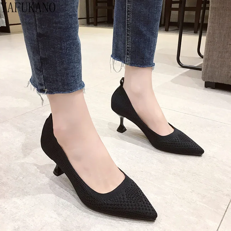 Ol Office Lady Shoes High Heels Knit Stretch Fabric Pumps Women Dress Shoes Black Basic Pump Pointed Toe zapatos mujer Spring