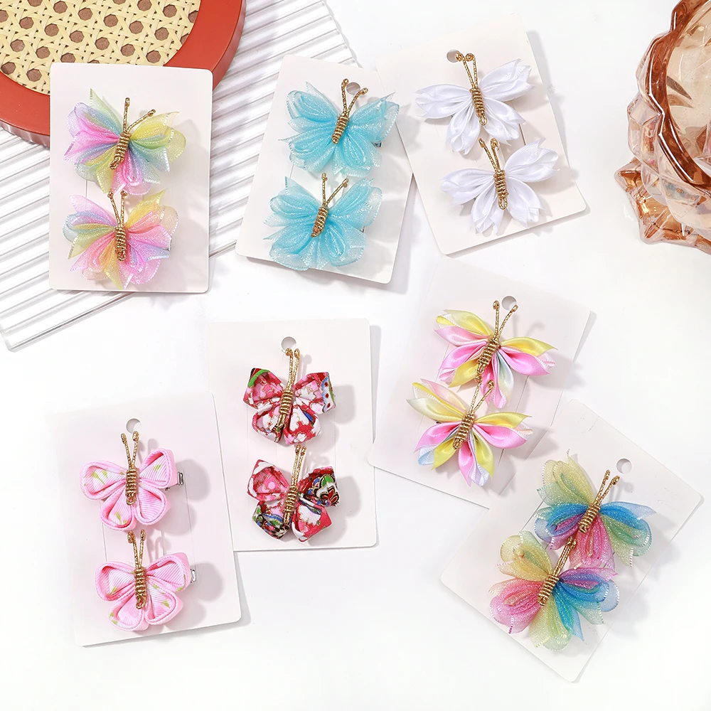 2pcs/set Cute Gauze Butterfly Hair Clip Gradient Hairpins with Gold Accessories Headwear Girl Children Hair Accessories Gift