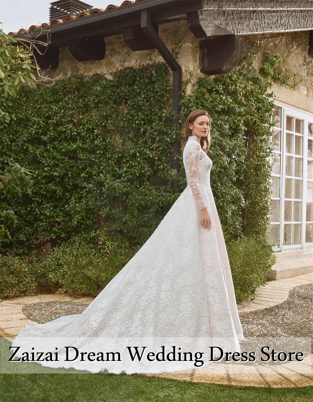 맞춤형 고급 로얄 트레인 로브 하이넥 긴팔 웨딩드레스 여성 레이스 아플리케 웨딩드레스