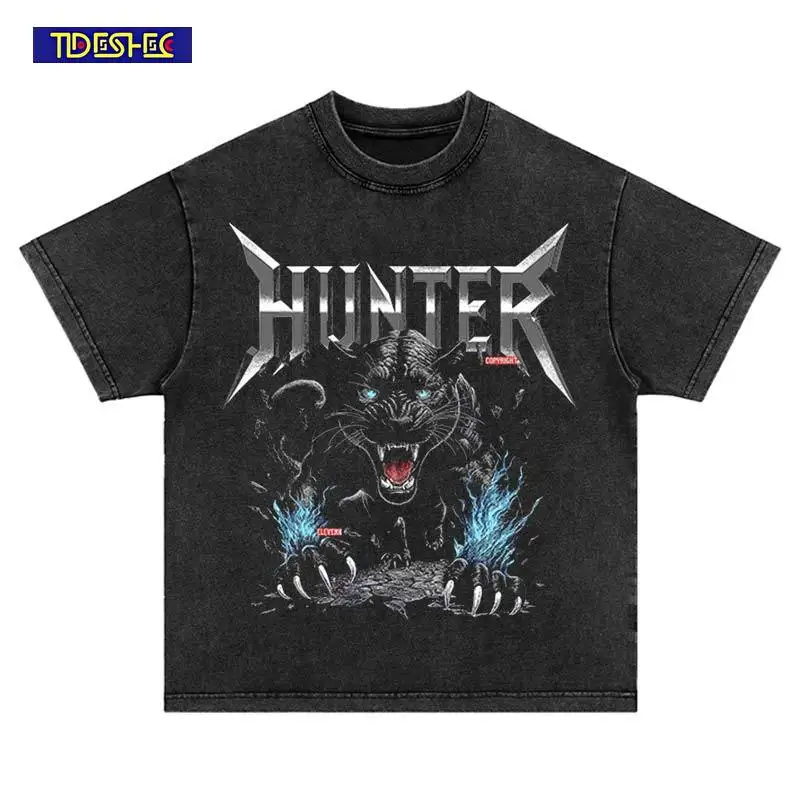 

2025 Oversized Fashion Black Panther Print T-Shirt Harajuku Summer Vintage Hip Hop Washed Black Streetwear Cotton Leisure Tshirt