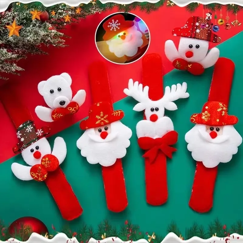 5pcs Christmas LED Slap Bracelets Flannel Wristband Holiday Accessories Snowman Santa Tree Reindeer Slap Bands Christmas Gifts