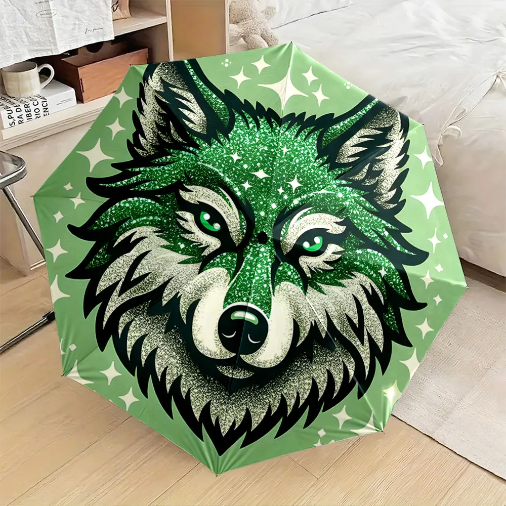 1PC Wolf-Themed Sparkling Green Umbrella Design Print 8 Iron Ribs Folding Umbrella Auto-Open Fashion Sunshade