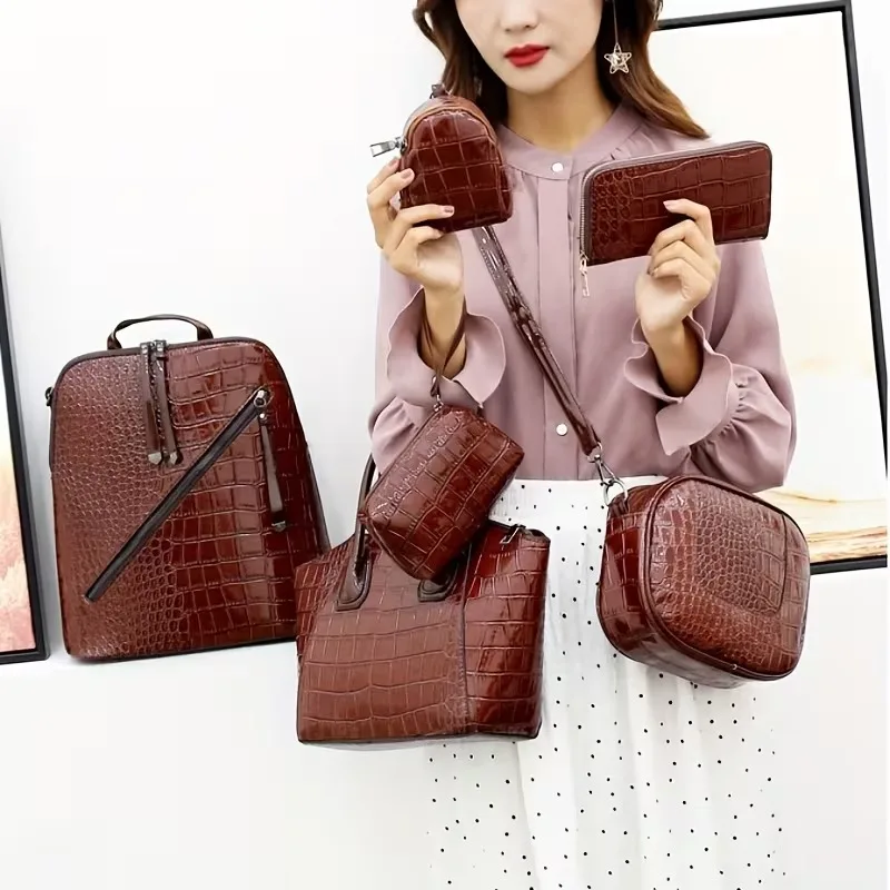 6Pcs Solid Color Crocodile Pattern Handbag Set, Large Capacity Versatile Women Shoulder Crossbody Purse Kit
