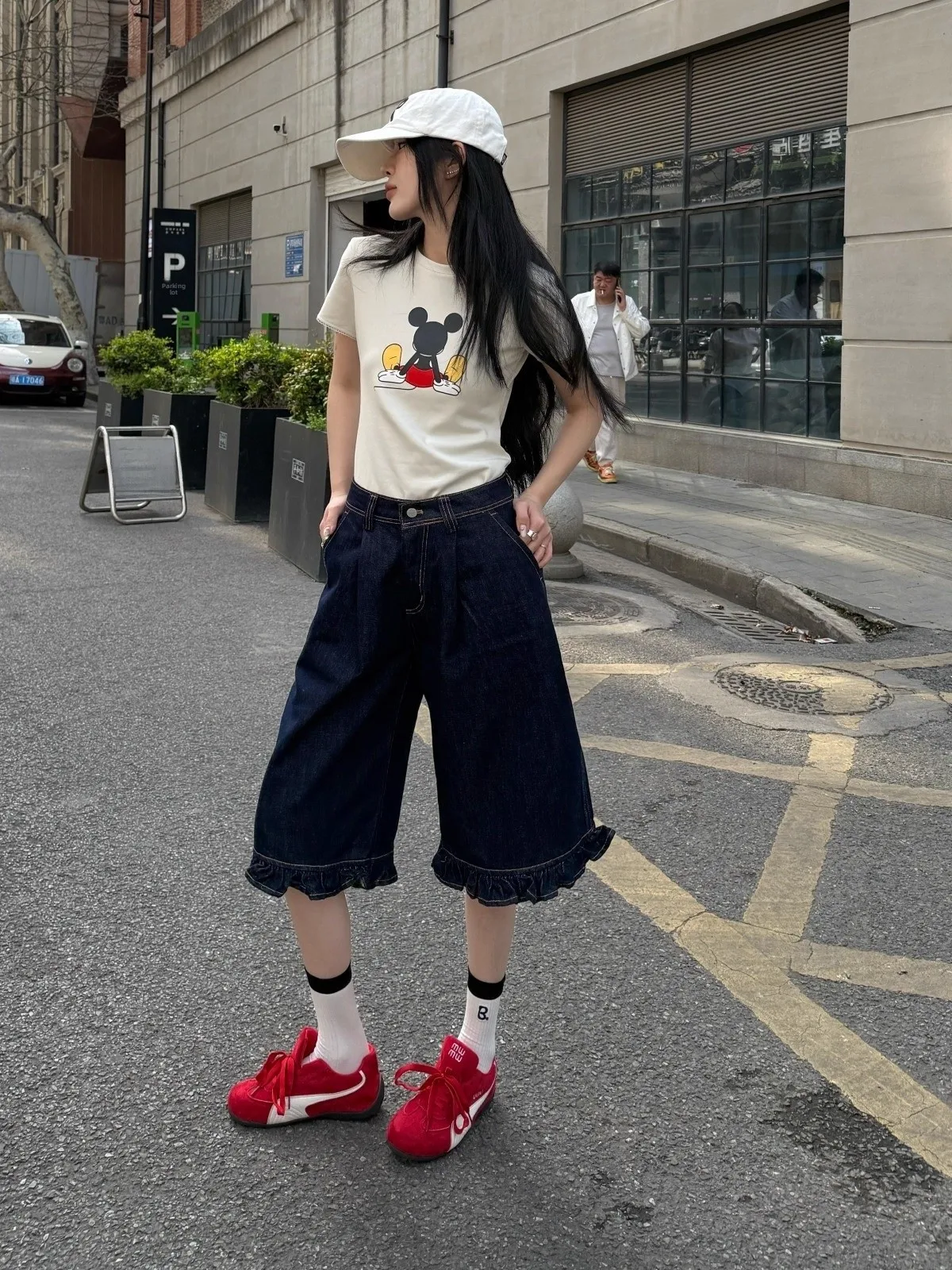

American Sle High Waist Wide Leg Straight Jeans Women's Summer New Loose Fit Casual High Waist Trousers with Lace Trim