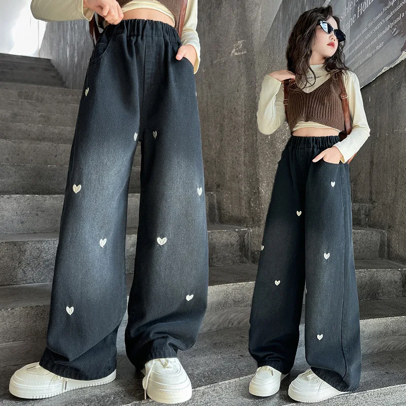 Teenager Girls Denim Wide Leg Pants New Fashion Children Trousers Spring Autumn Love Pattern Girls Jeans 5-14 Years Kids Clothes