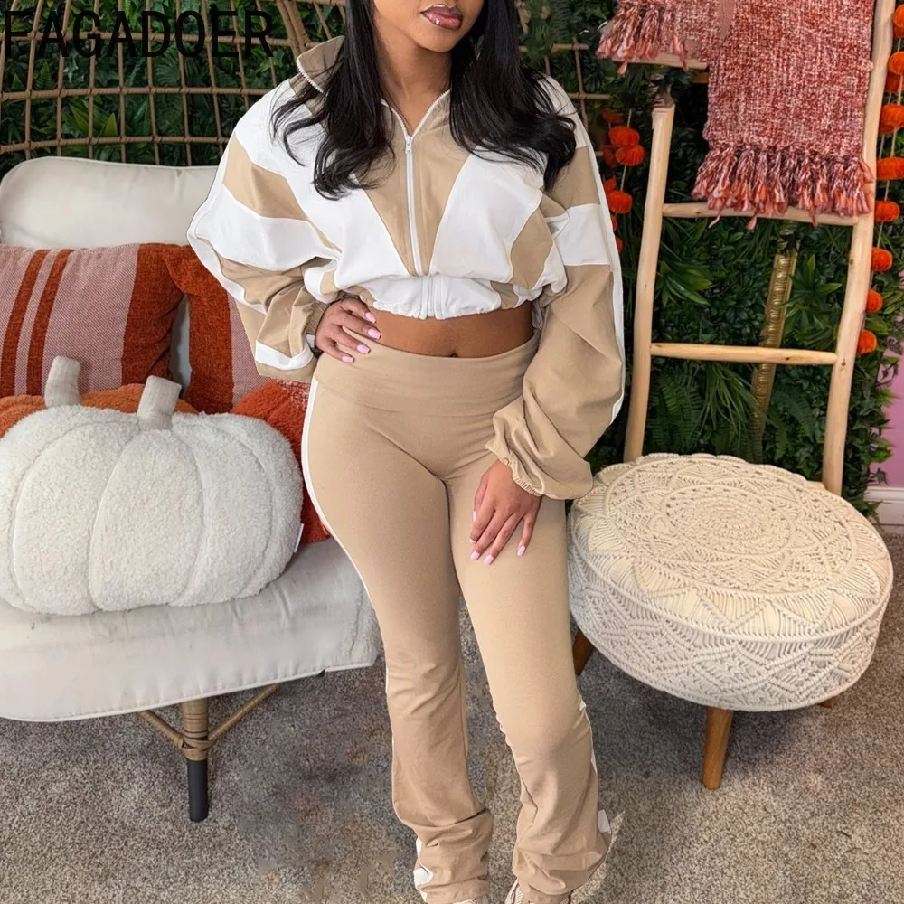 FAGADOER Spring New Casual Two Piece Outfits Woman Color Block Long Sleeve Zipper Jacket and Jogger Pants Tracksuit Streetwear