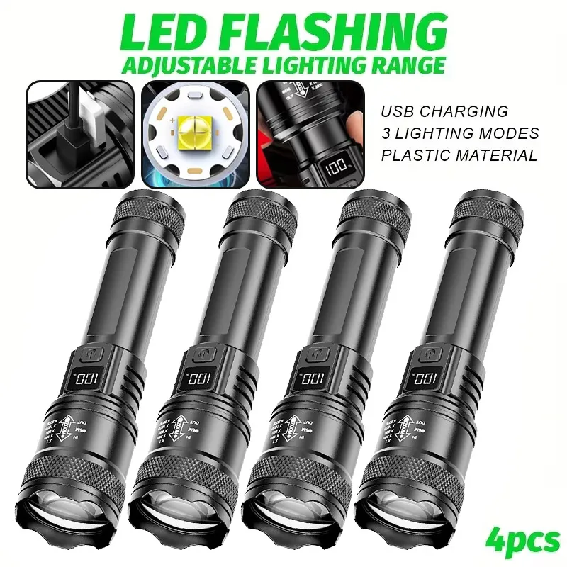 ไฟฉาย LED สว่างพิเศษ 4 ชิ้น ชาร์จผ่าน USB ปรับซูมได้ เหมาะสำหรับการเดินป่า ตั้งแคมป์ ตกปลา ใช้ในกรณีฉุกเฉิน และกิจกรรมกลางแจ้ง