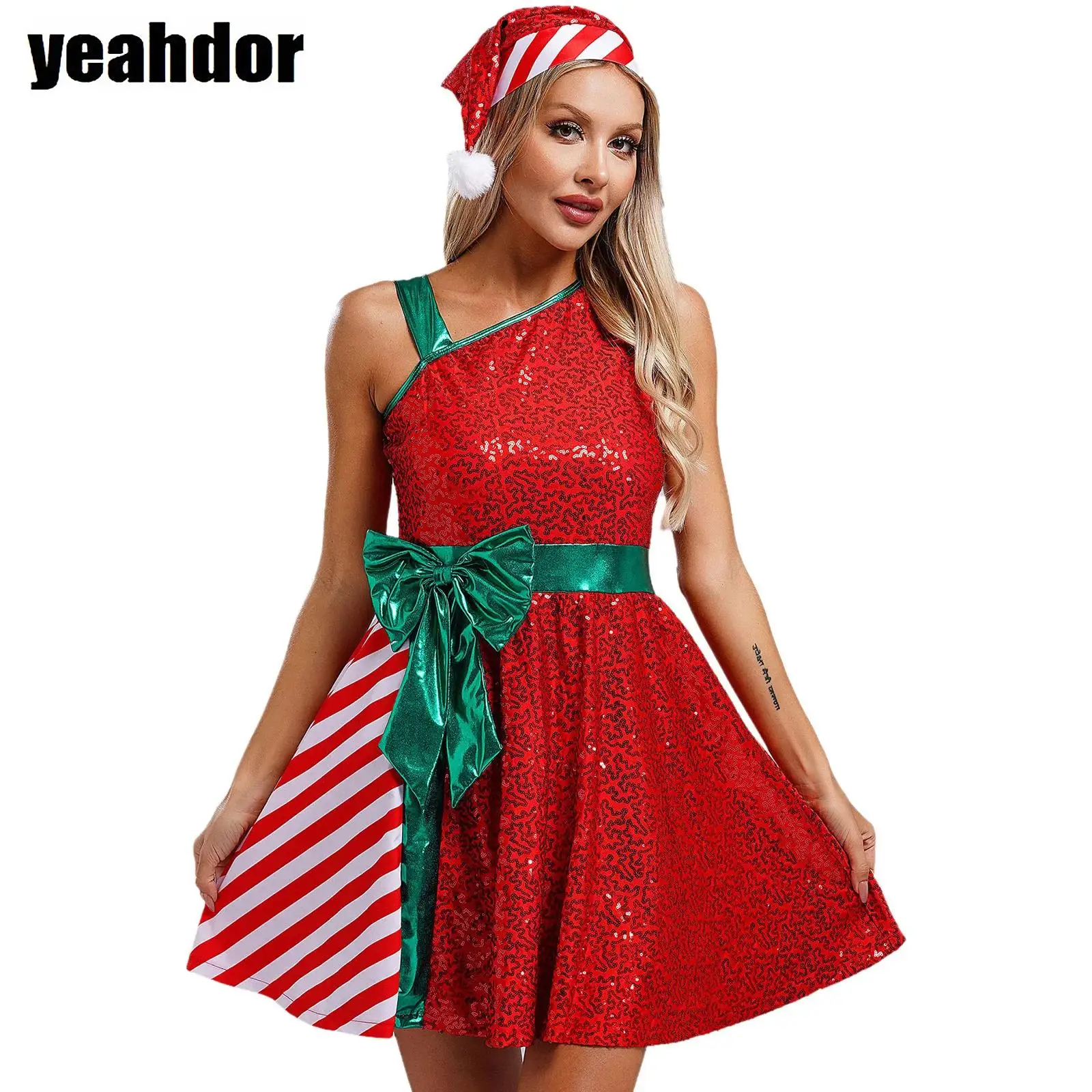 

Christmas Santa Claus Dress Elf Costume Sleeveless Sequin Stripes Bow Dress with Santa Hat Halloween Xmas New Year Party Outfits