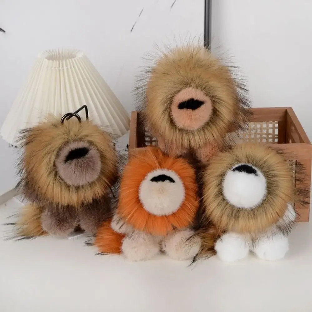 Long Mane Lion Plush Pendant with Tail Stuffed Plush Lion Keychain Ornaments Simulation Rabbit Fur Cute Animal Keychain