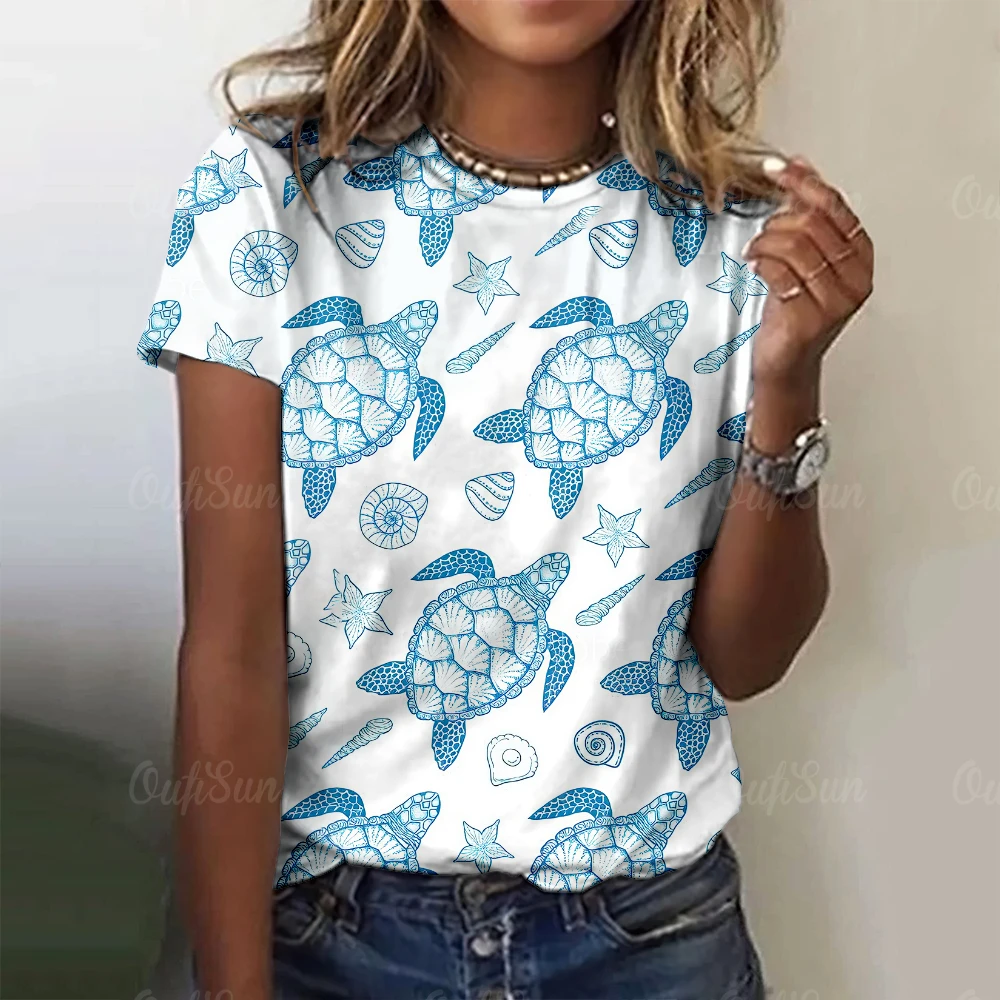 Marine Animals Print Sea Turtle Jellyfish Pattern Tees Street Casual Women\'s T-shirts Fashion Short Sleeves Women Clothing