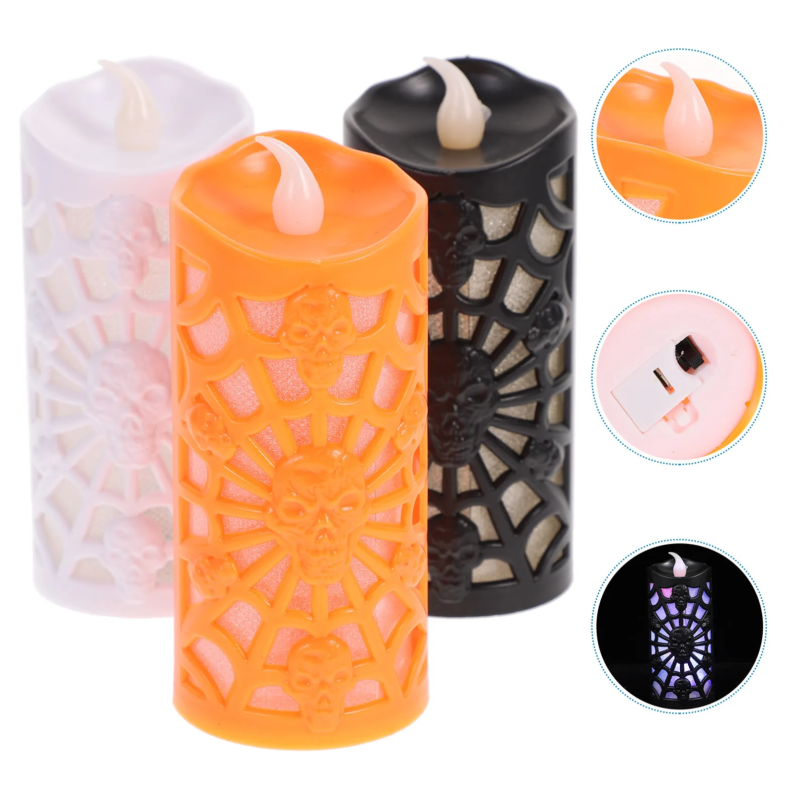 

3Pcs Halloween Skull Lights LED Spider Web Flash Lamps Orange Black Decor Night Atmosphere