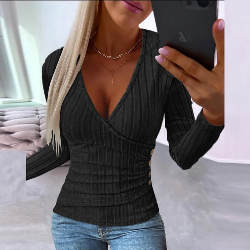 2023 Women Fashion Solid Color Ribbed Slim Tops Casual Basic Shirt Women Autumn Elegant Cross V-Neck Wrap T-Shirts White