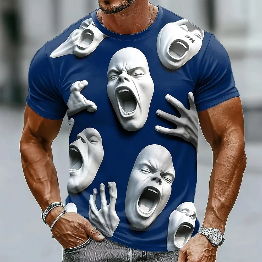 Novelty 3D Horror Faces Graphic T‑Shirt Human Hands Face Print Short Sleeve Tee Men Women Spooky Halloween Casual Tops