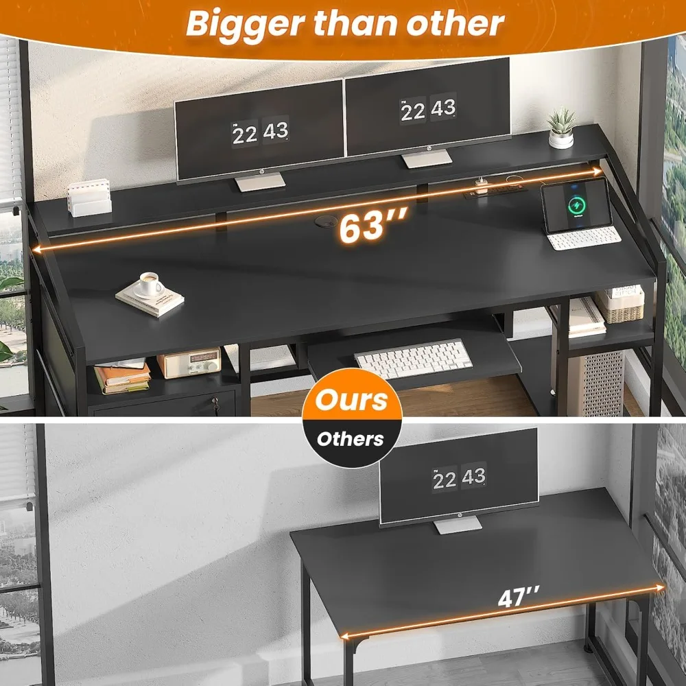 63" Computer Desk, Office Desk with Lockable Drawers for Legal/Letter File, Gaming Desk with LED Lights & Power Outlet