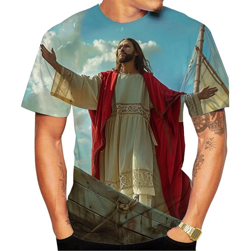 Jesus Pattern T-shirt Men's Clothing Round Neck Soft T Shirts 3D Printed Casual Fashion Seaside Personality Streetwear Tees Top