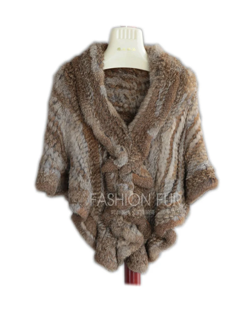 7COLORS Produkt prawdziwe futro królika peleryna z dzianiny ruffle hem rex królik futro peleryna peleryna damska prawdziwe futro z dzianiny peleryna szal Wrap — zdjęcie 2