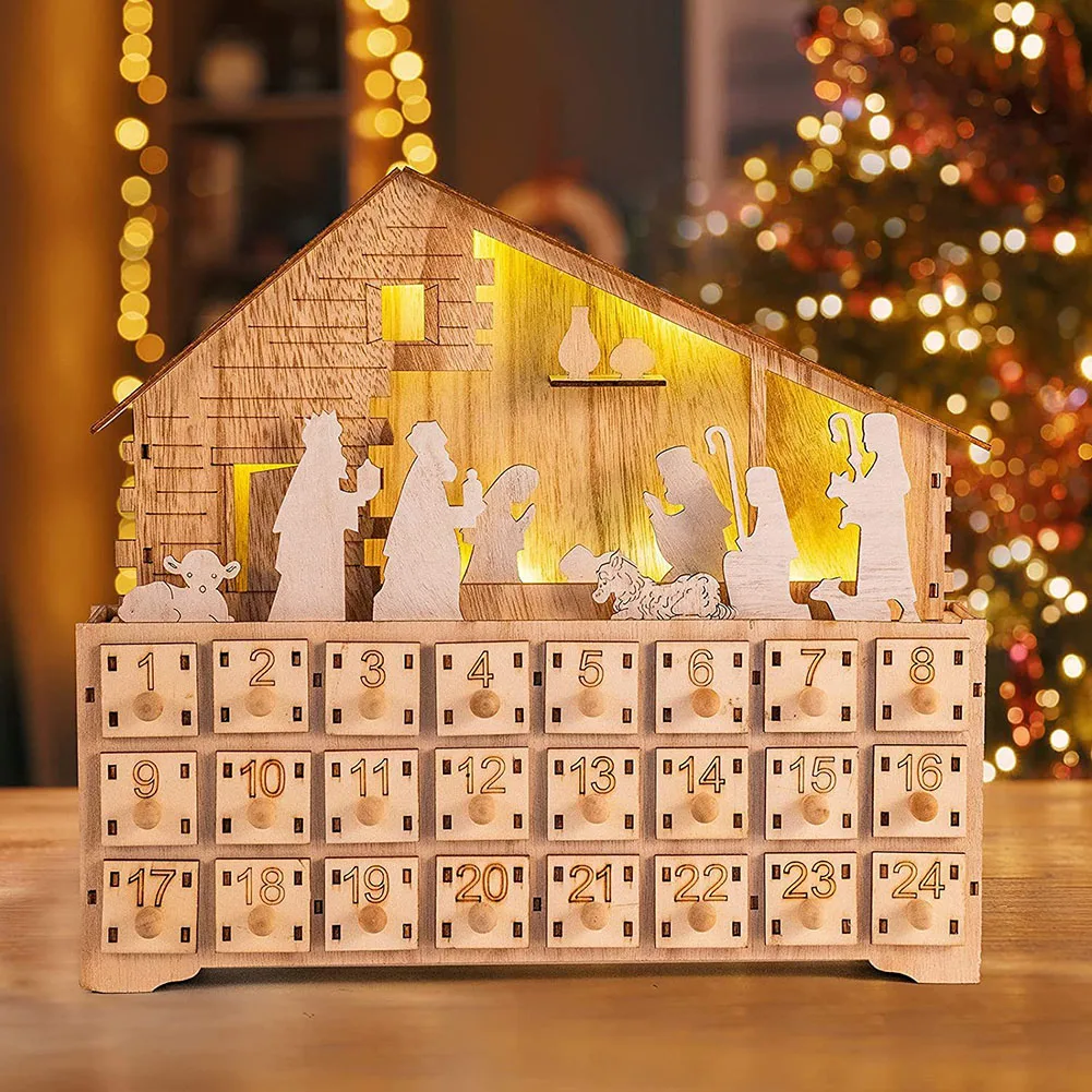 Christmas 24 Day Countdown Calendar With Light Wooden Drawer Home Decor Ornament For Kids Light Up Gifts Candy Drawer Organizer