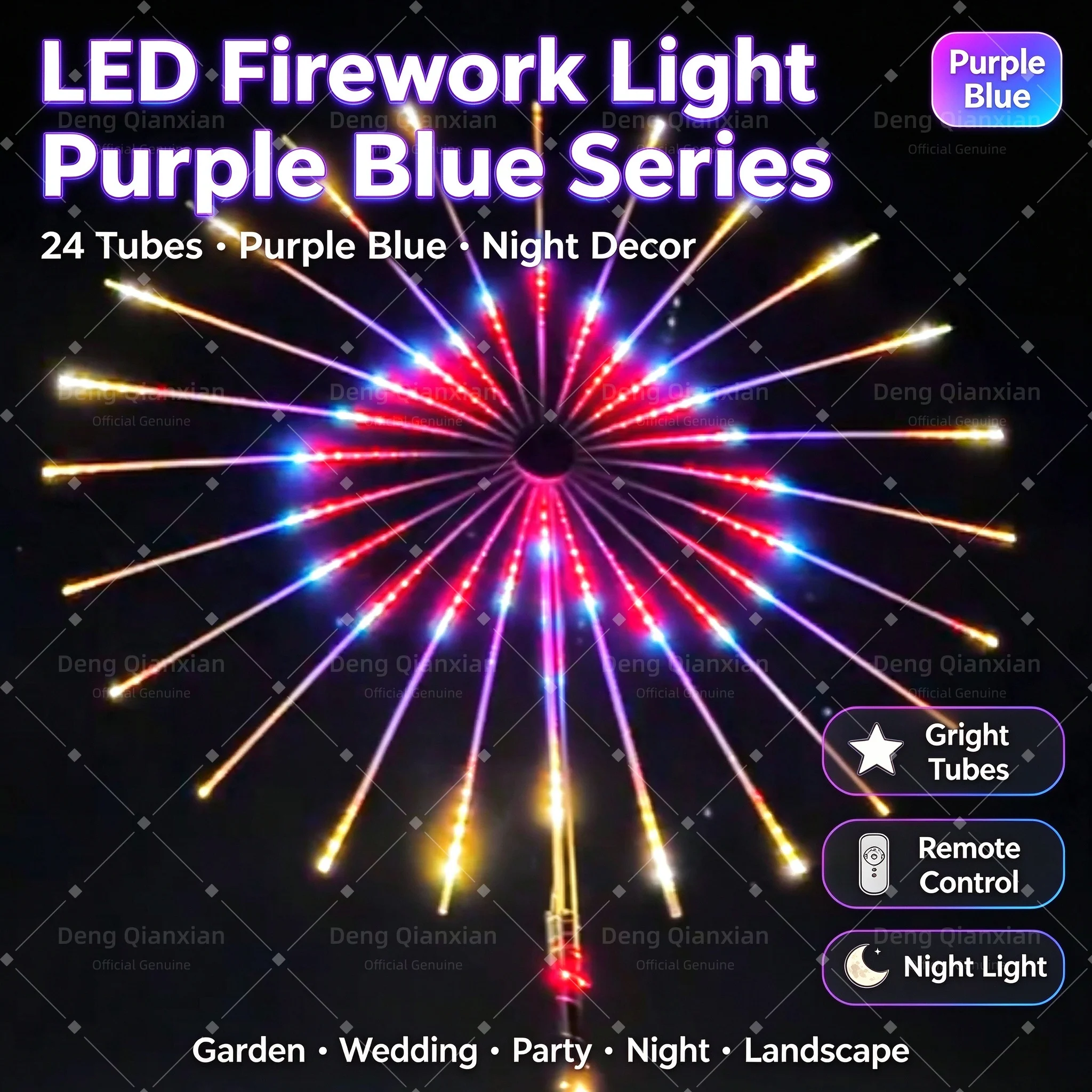 Double-Sided Firework LED Light, 24 Tubes Colorful RGB, Sound Activated Music, Waterproof for New Year Garden Decor