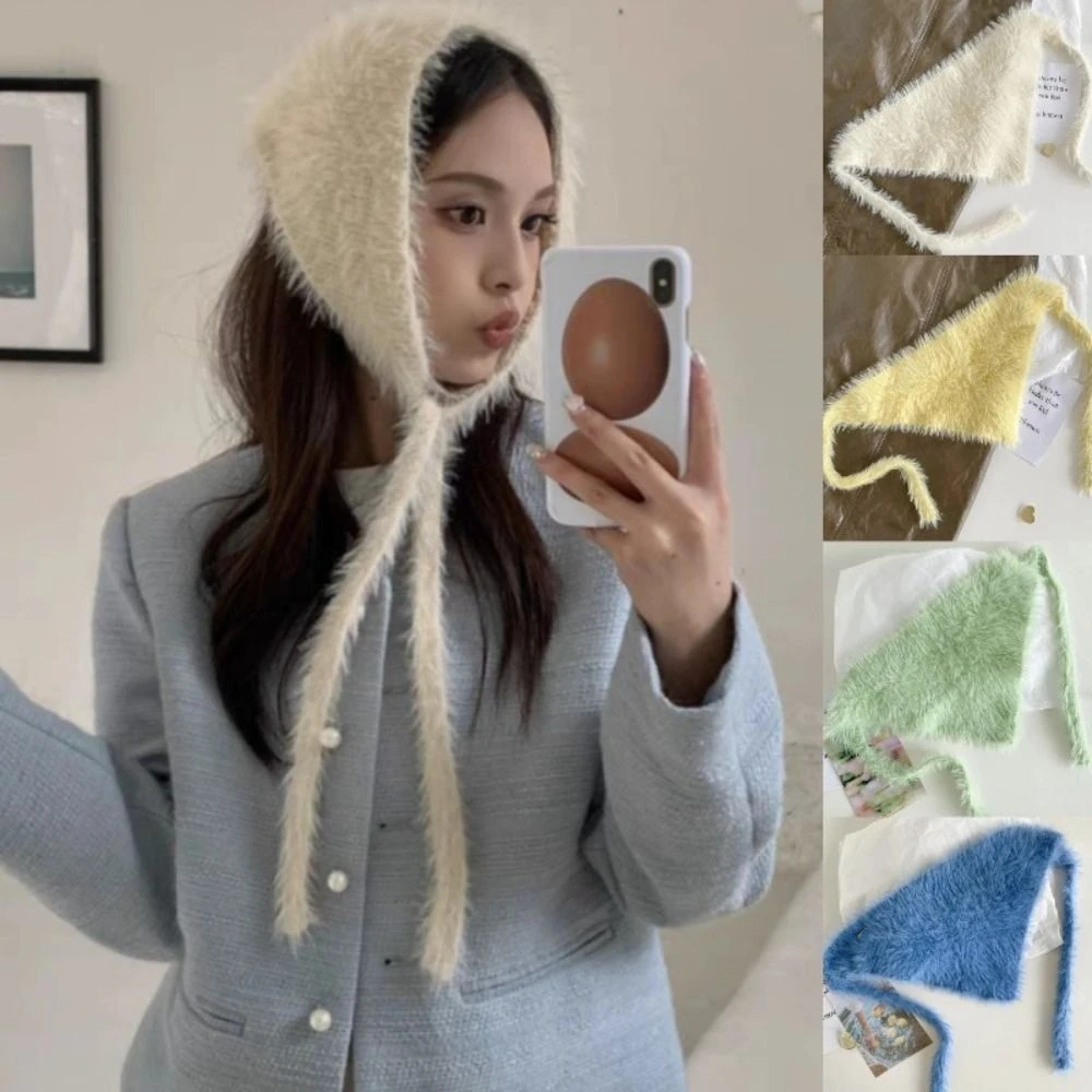 

Fashion French Style Hair Scarf Knitted Yarn Mink Fur Lace-up Cover Headband Keep Warm Triangular Scarf for Winter