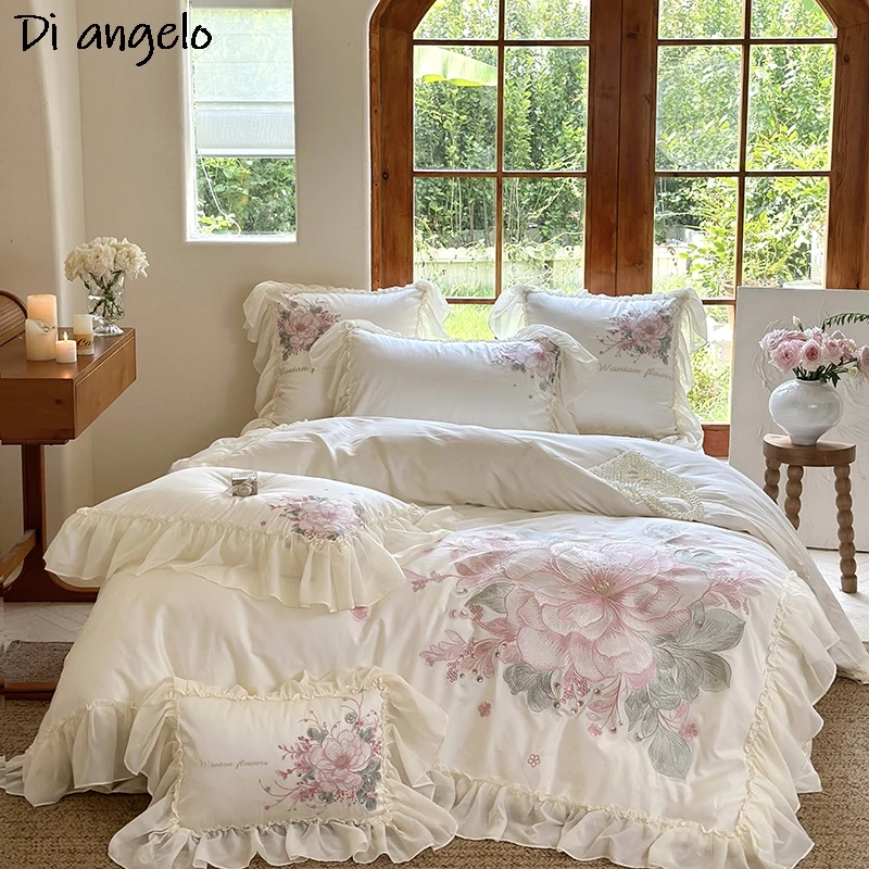Luxury High End Embroidery 1400TC Egyptian Cotton Flowers Bedding Set Queen King Duvet Cover Bed Sheet Flat Sheet RU Europe #/