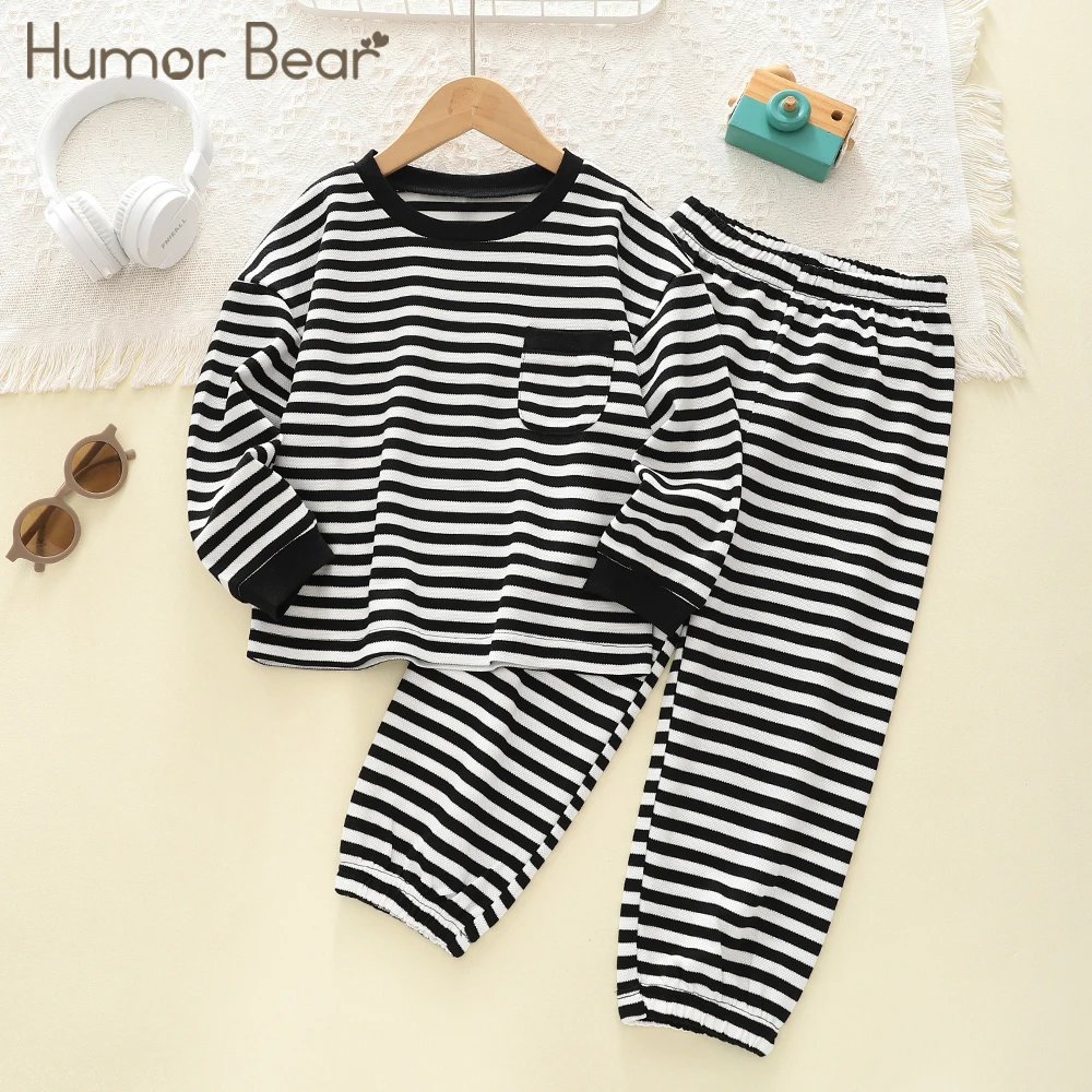 

Humor Bear Spring and Autumn Girl's Suit Crew-neck Loose Stripe With Pocket Long Sleeve Hoodie +Pants Suit Children Clothing