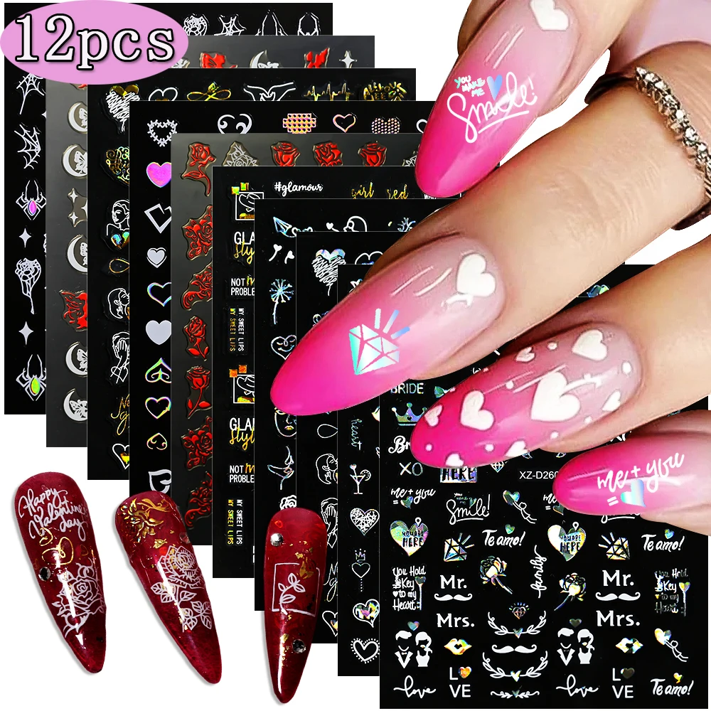 12 Sheets Valentines Rose Heart Nail Stickers 3D Self-Adhesive Love Letter Nail Art Decals Hollow Heart Balloon Manicure Sliders