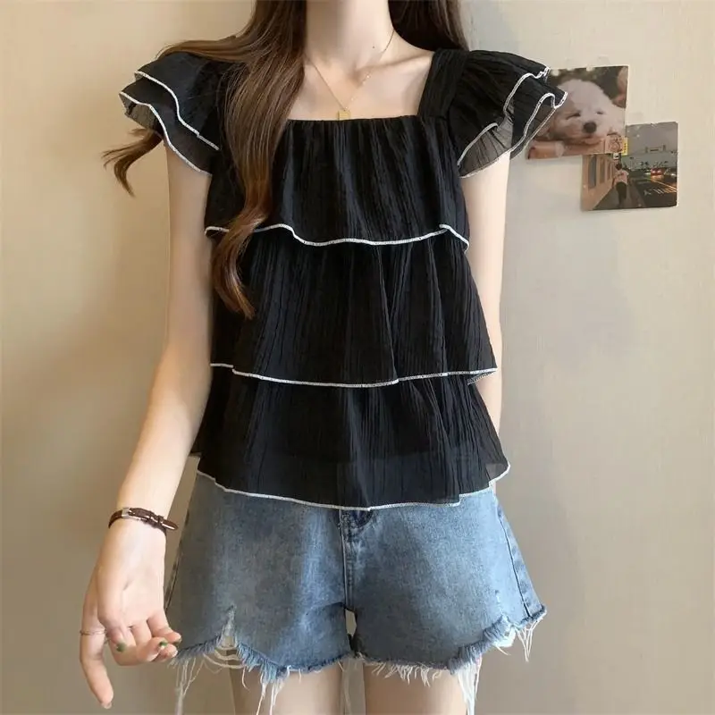 Women Trendy Ruffle Sweet Chic Blouse Summer Square Collar Short Sleeve Shirts Korean Style Casual Street Tops Y2K Ropa De Mujer