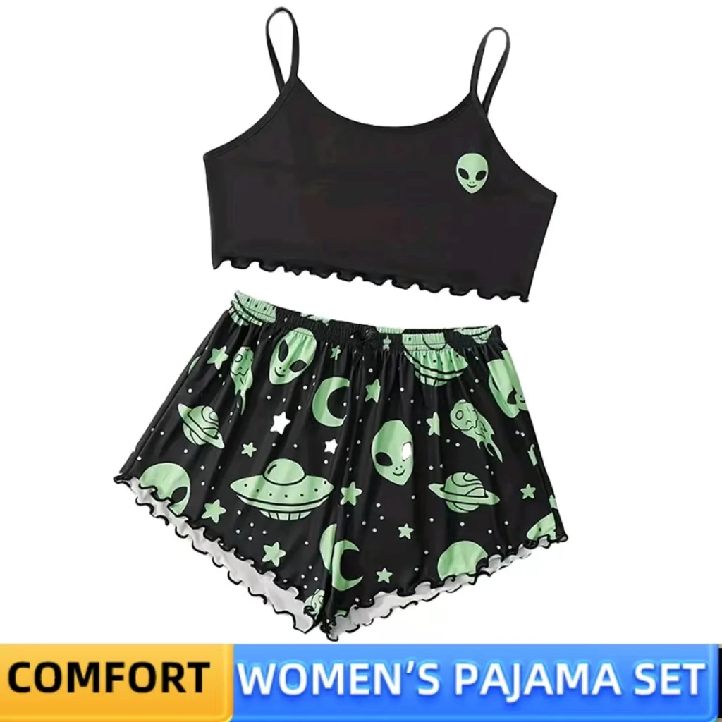 Women\'s Pajamas Set Sleepwear 2 PCS Camisole And Shorts S M L Black Ventilate Soft Casual Extra-Terrestrial Print