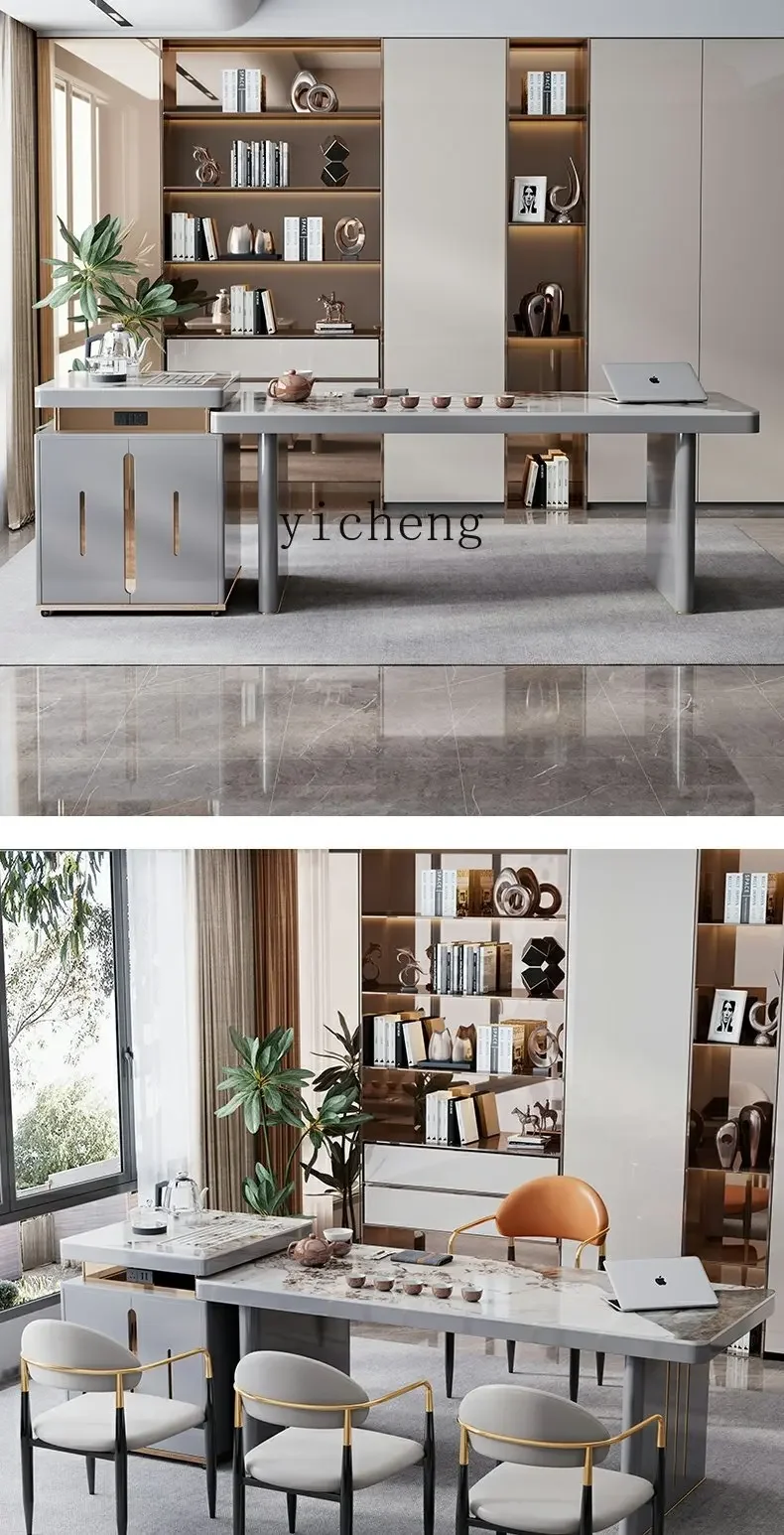 ZZ Stone Plate Tea Table Suit Home Study Modern Simple High-End Office to Entertain Customers Tea Stool Combination