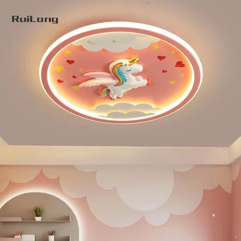 Cartoon Cute Unicorn Ceiling Lights For Kids Room Girl Bedroom Study Baby Princess Lamp Pink Decor Cloud Pegasus Chandelier Lamp