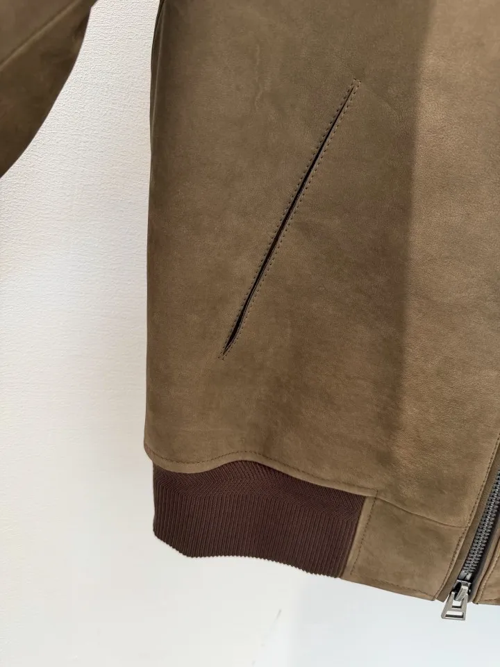 Mens Suede Sheepskin Leather Jacket Vintage Stand Collar Zipper Casual Coat Soft Touch Durable