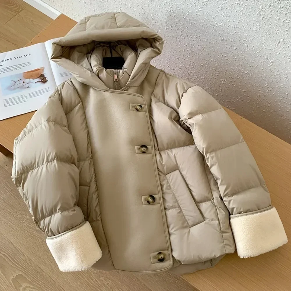 White Duck Down Jacket 2024 Winter New Women Loose Stand Collar Hooded Puffer Jacket Women Lamb Wool PU Leather Parkas Outwear