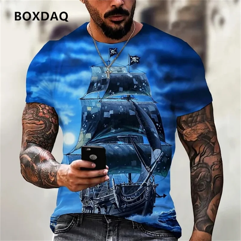 

Мужские футболки с рисунком парусника, уличные модные пуловеры с коротким рукавом, топы, летняя Свободная Повседневная футболка оверсайз с круглым вырезом, размеры 6XL