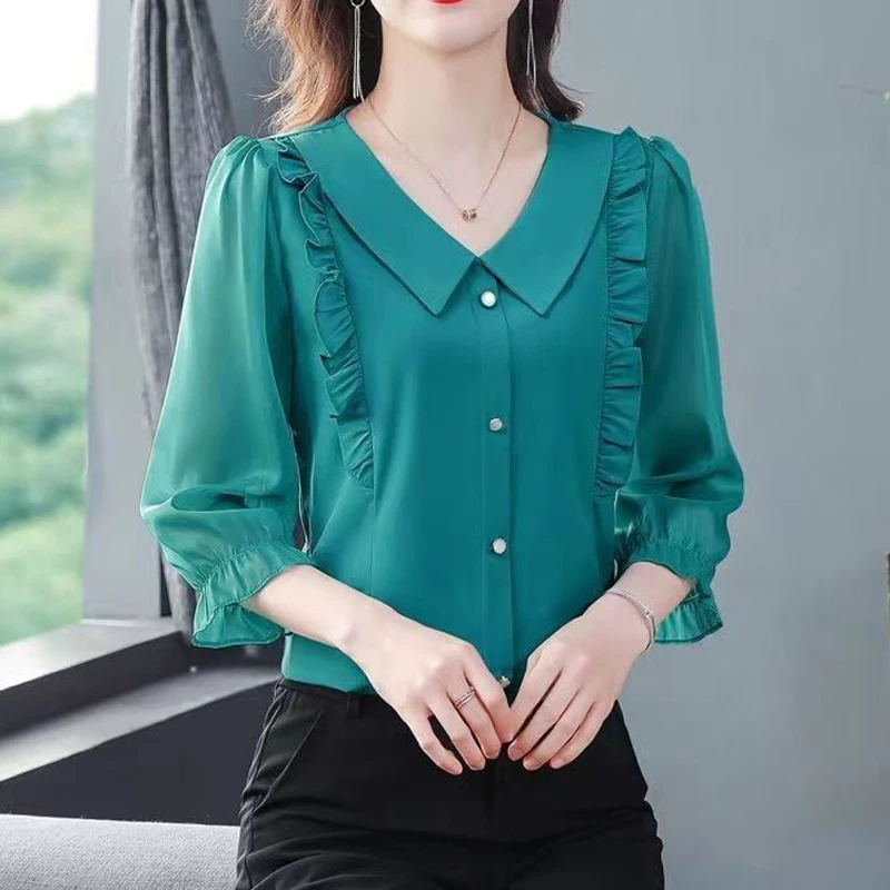 Women Korean Fashion Ruffle Elegant Button Shirt Spring Summer Casual Three-quarter Sleeve Blouse Solid Loose Tops Blusas Mujer