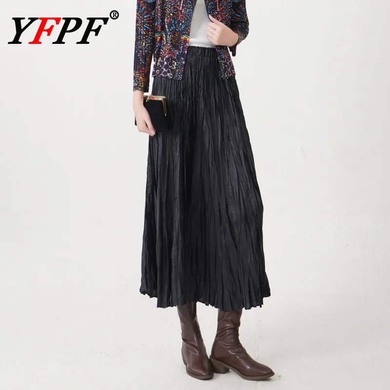 

YFPF Miyake Pleated Design A Line Skirt Women Fashion High Waist Solid Color Loose Casual Long Skirts 2025 New Clothing