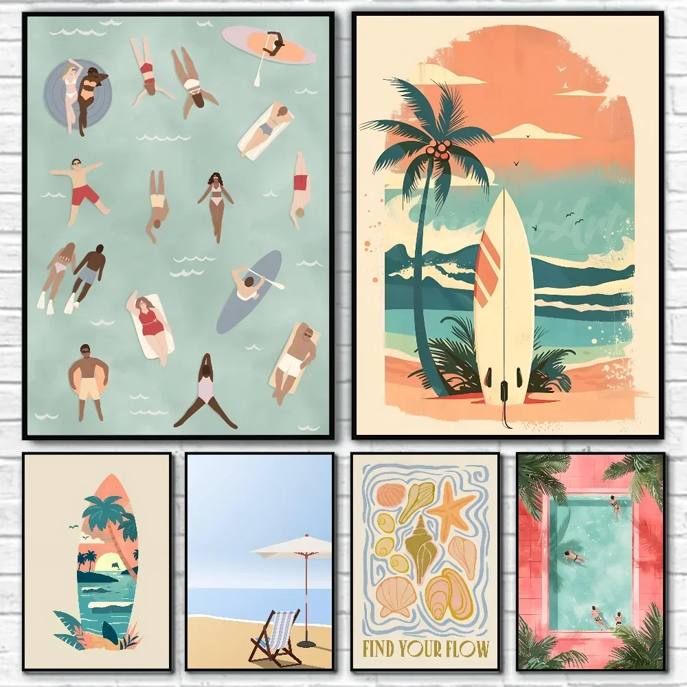 Segelboot, Schwimmbad, Ozean, Blumenmuster, minimalistisches Kunstposter, selbstklebende Kunst, wasserfester Papieraufkleber, Kaffeehaus, Bar, Zimmerwand