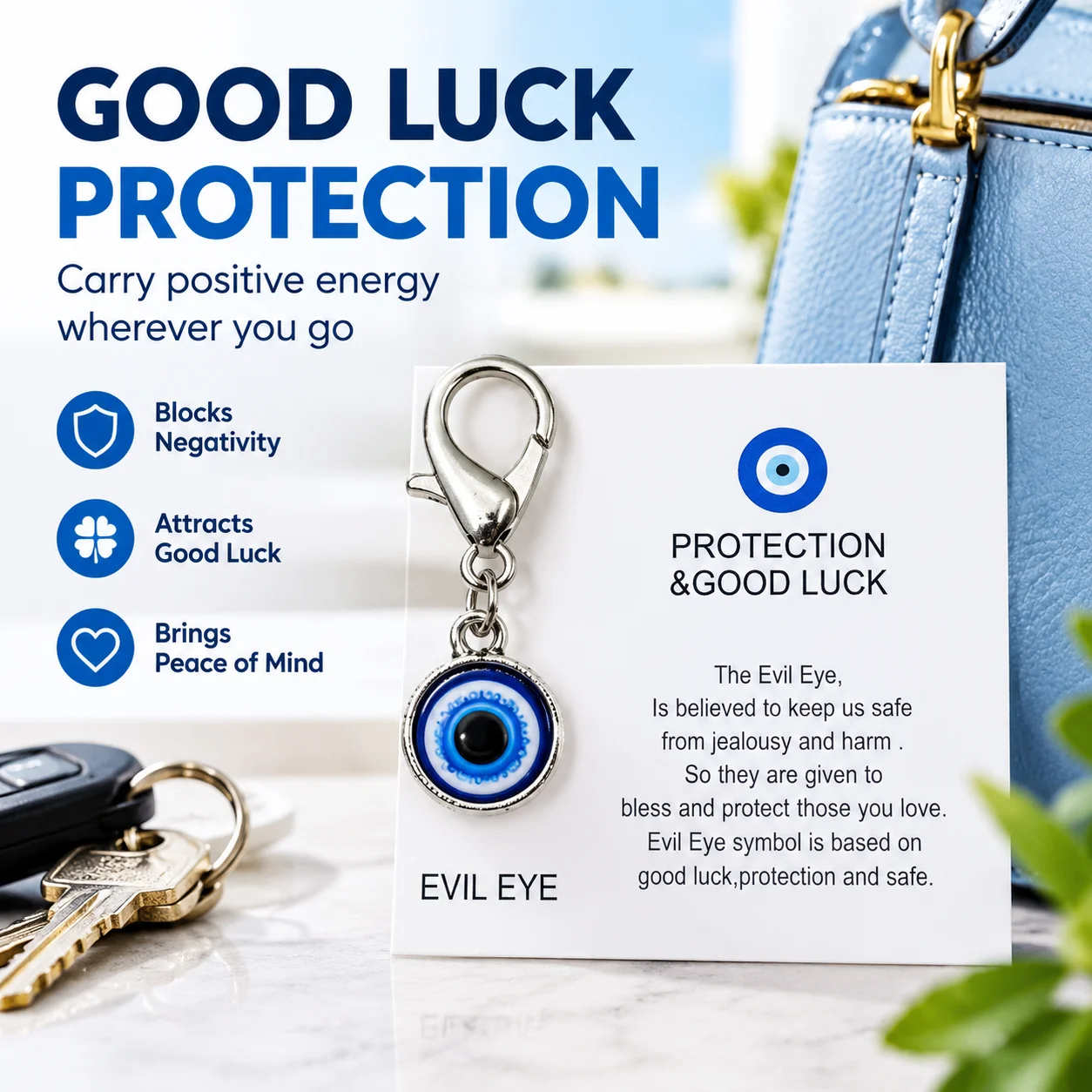 Blue Evil Eye Keychain with Lucky Card, Good Luck Protection Charm Talisman Pendant for Keys, Bag, Car Mirror, Travel Gift
