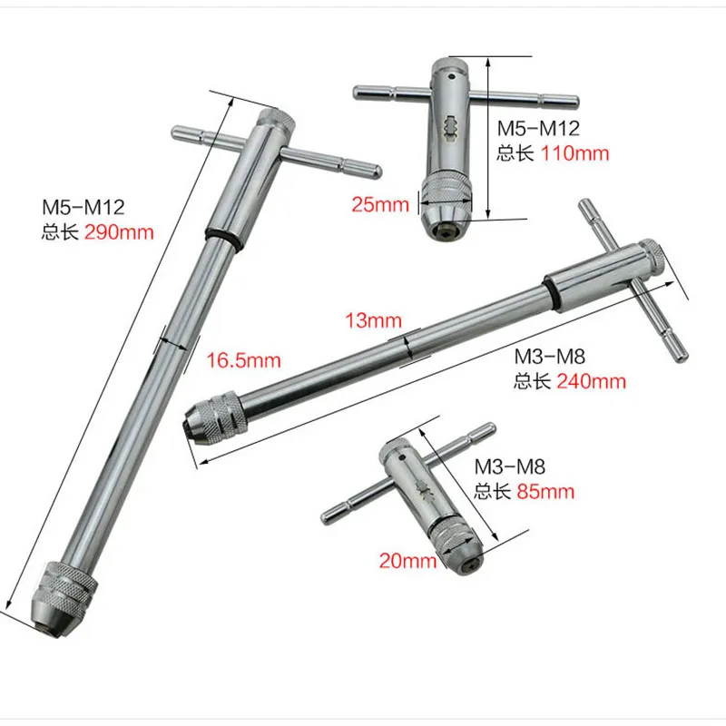 M3-8 ajustable con mango en T, llave de grifo de trinquete, soporte de tornillo, rosca macho, enchufe métrico, herramientas de taller mecánico,