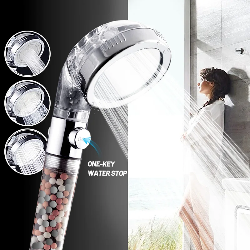 3 Modes Adjustable High Pressure Shower Head SPA Shower Water Saving Filter Balls Replaceable Switch Button One Key Stop Shower