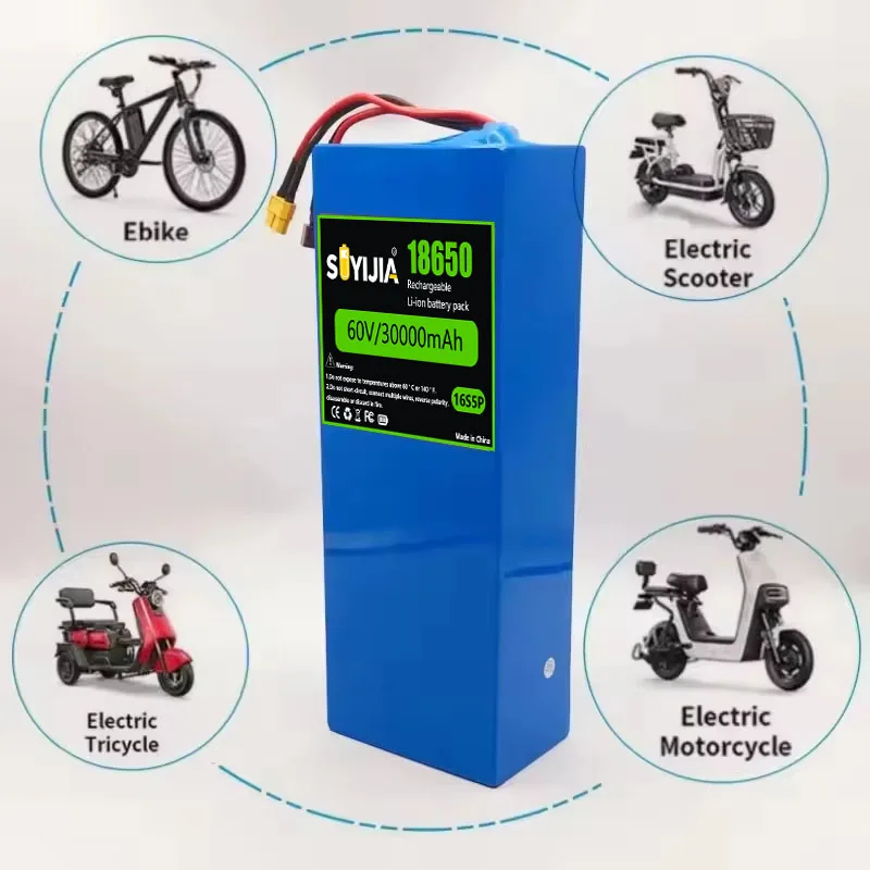 60V 30Ah 16S5P Lithium Battery Pack 2000W High-Power with Built-In BMS for Motorcycle Scooter Bicycle Motor Replacement